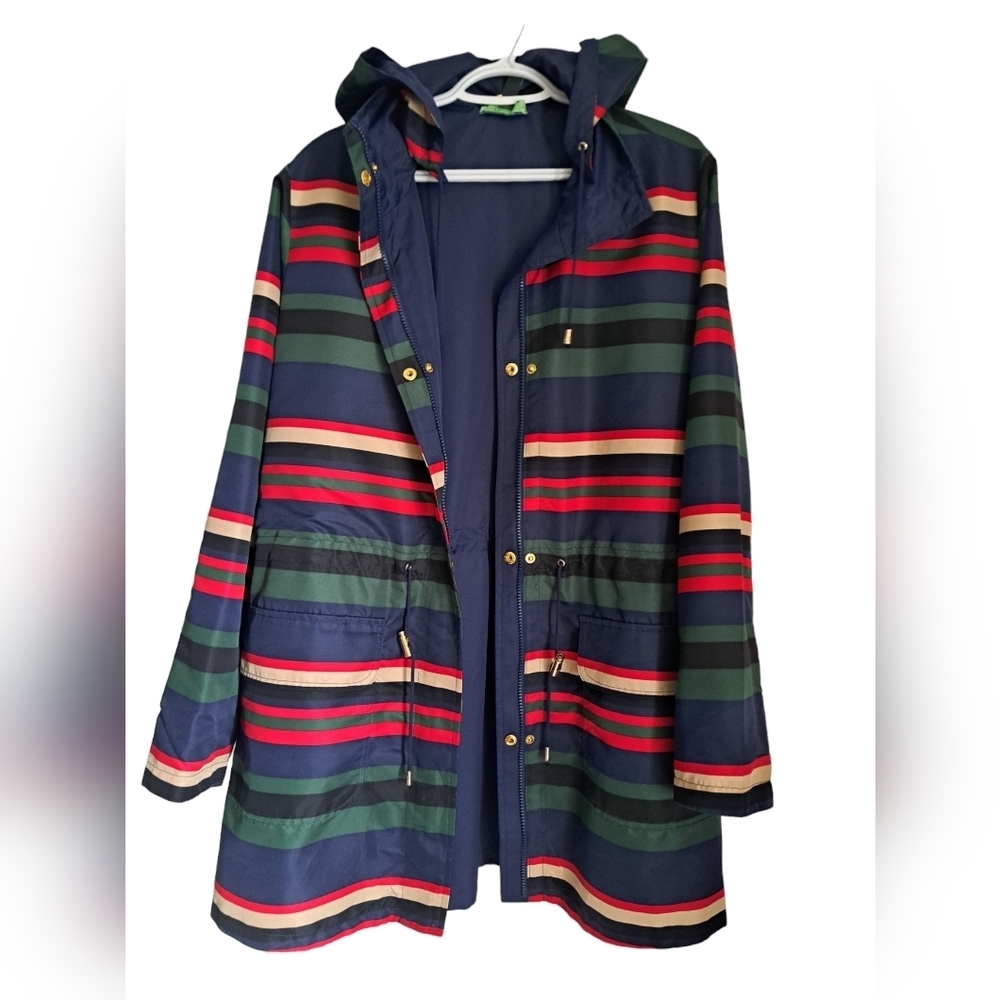 C WONDER Reversible hooded jacket solid navy multi stripe zip windbreaker size L - Picture 2 of 6